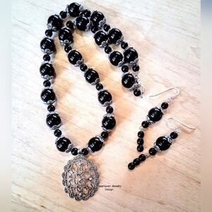 Handmade Jet Black Stone Necklace & Earring Set | Silver Filigree Pendant